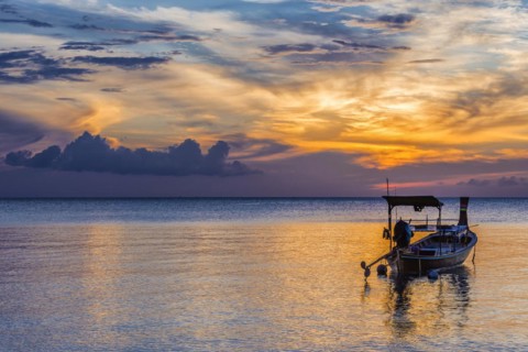 Longtail boat in the sunset, boat, sun, evening mood, cloudy sky, colourful, orange, wooden boat,