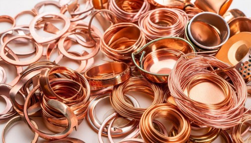 Material, metal, copper, a large amount of copper metal waste on a stockpile for recycling
