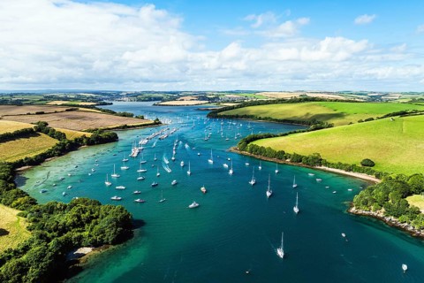 Salcombe and Mill Bay over Kingsbridge Estuary from a drone, Batson Creek, Southpool Creek, Devon,