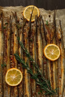 Fried fish, sargan, black sea pike, top view, close-up, no people