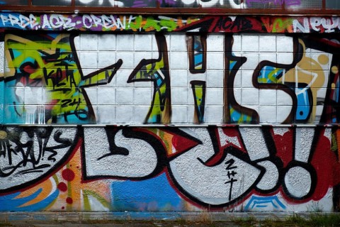 Graffiti wall in white and grey with various colourful details, Landau, Rhineland-Palatinate,