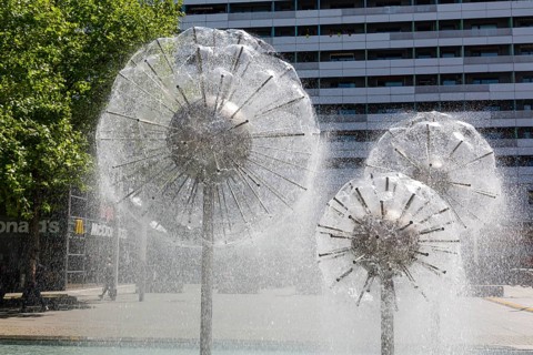 Dandelion fountain in the Prager Straße pedestrian zone, Dresden, Saxony, Germany, Europe