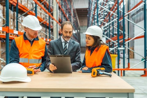 Warehouse manager presenting an inventory report on a clipboard while engaging with warehouse