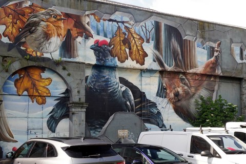 A mural showing birds and a squirrel in an autumn and winter landscape, Mural Trail, Glasgow,