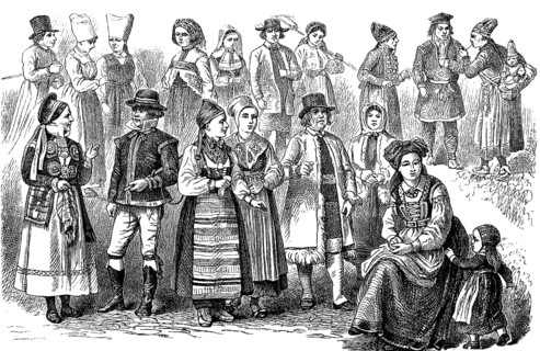 Folk costumes in the different regions of Sweden, illustration from 1880 / Volkstrachten in den