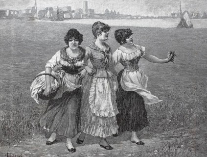 Three young woman in a meadow collecting clover, 1890, Germany, digital reproduction of an original
