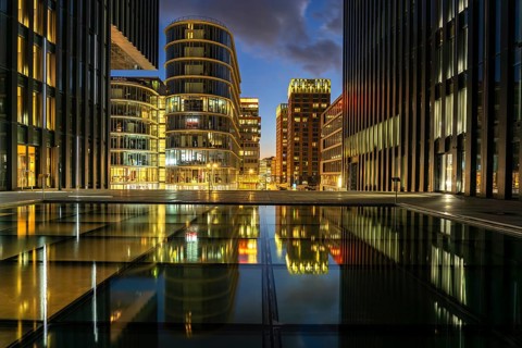 Modern high-rise architecture in the Media Harbour quarter in Düsseldorf at dusk, North