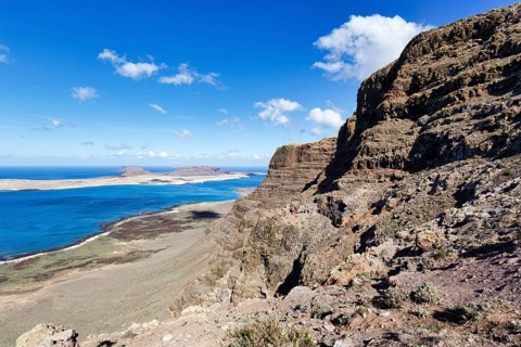 Risco de Famara cliff, view of the island of La Graciosa, Lanzarote, Canary Islands, Spain, Europe