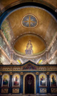 Interior view of Hagia Sofia church, also known as Agia Sofia, dome, altar, chandelier,