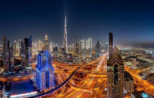 Dubai skyline at night, Burj Khalifa tallest building in the world, United Arab Emirates, Asia