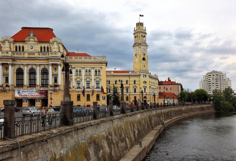 Romania, county area, Oradea, Grosswardein, town hall with bell tower at the river Repede, Crisul