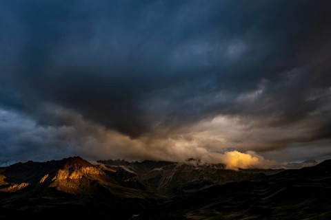 Montafon mountains with dramatic cloudy sky at sunset, Tschagguns, Rätikon, Montafon, Vorarlberg,