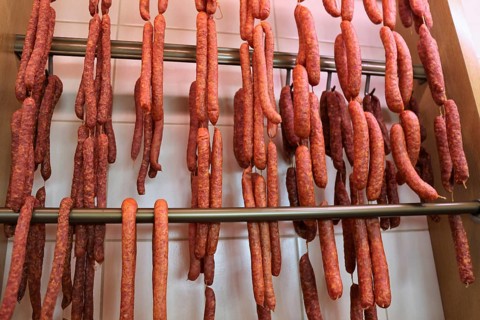 Air-dried sausage in a butcher's shop