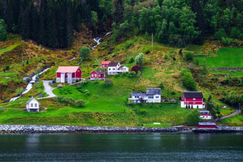 Mountains and Fjord over Norwegian Village, Olden, Innvikfjorden, Norway, Europe
