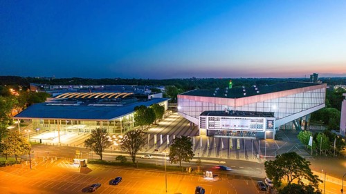 The Grugahalle, right and Messe Essen, entrance Messehaus Ost, North Rhine-Westphalia, Germany,
