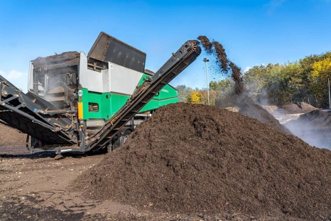Composting plant, organic waste is composted, sorted by size, smaller parts are reused as compost,