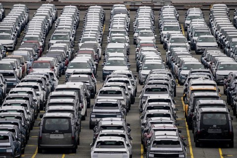 Parking space for import vehicles, hundreds of Hyundai Ioniq, electric cars, waiting for onward