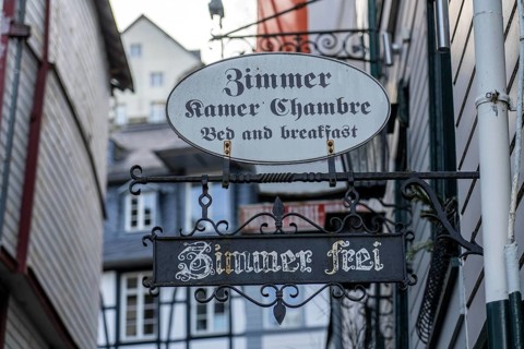 Hotel, Signs, Rooms available, Bed and Breakfast, Monschau, Old Town, Eifel, North