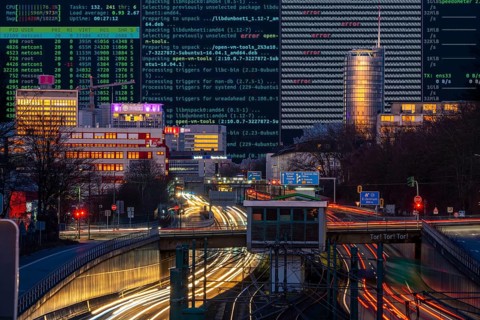 Symbolic image cyberattack, computer crime, cybercrime, computer hackers attack a city's IT