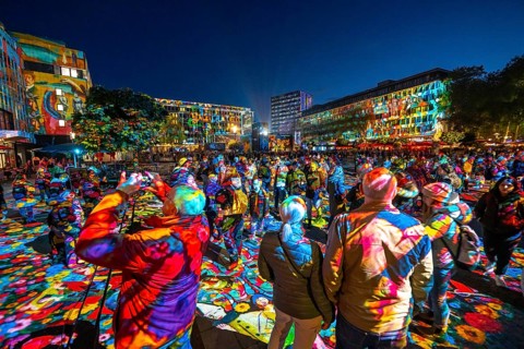 Essen Light Festival, in the city centre, light art on Kennedyplatz, the Berlin artist Daniel