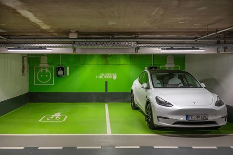 Electric filling station in an underground car park, Bavaria, Germany, Europe