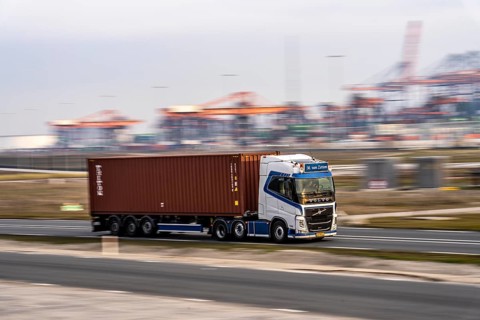 Container lorry, bringing containers from Euromax Container Terminal, the seaport of Rotterdam,