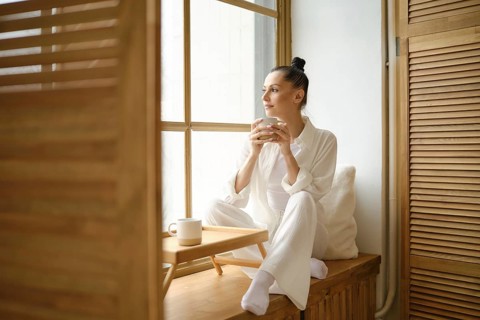 Dreamy woman in white clothes sitting on windowsill and holding cup of coffee or tea with both