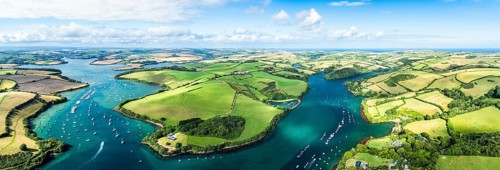 Panorama of Salcombe and Mill Bay over Kingsbridge Estuary from a drone, Batson Creek, Southpool