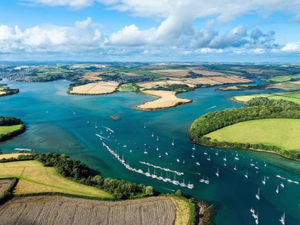 Salcombe and Mill Bay over Kingsbridge Estuary from a drone, Batson Creek, Southpool Creek, Devon,