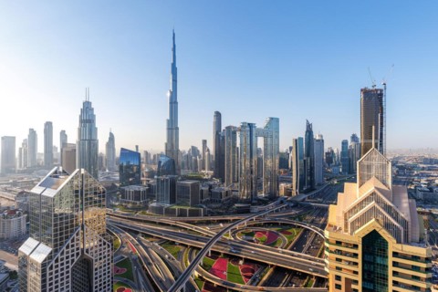 Burj Khalifa tallest building in the world from above in Downtown Dubai, United Arab Emirates, Asia