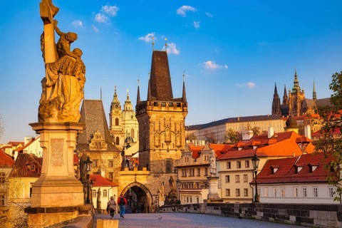 Lesser Town Bridge Tower in the early morning, Charles Bridge in Prague, Czech Republic, Europe