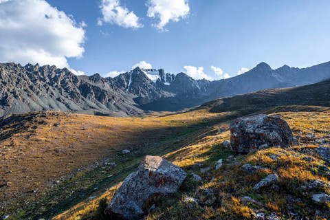 Autumnal high valley in atmospheric light, Keldike Valley on the way to the Ala Kul Pass, Tien Shan