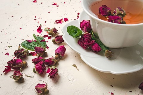 Cup of tea, damask rose, pink tea, close-up
