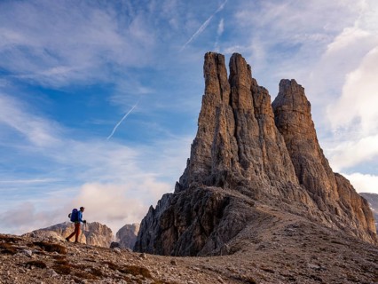 Mountaineers on the Dolomites High Route 8 below the Vajolet Towers, Catinaccio, Dolomites, South