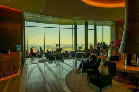 Hotel Five Stars Bürgenstock with Restaurant over Lake Lucerne and Mountain in Sunny Day in