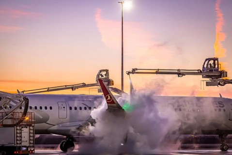 Frost at the airport, a Turkish Airlines aircraft is de-iced in front of sunrise. Airbus A321-231,