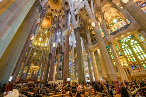 Nave, ceiling vault, columns, Sagrada Familia, Basilica by Antoni Gaudi, Barcelona, Catalonia,