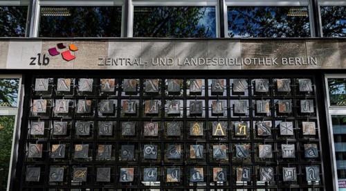Entrance door with alphabet at the Central and State Library, Berlin, Germany, Europe