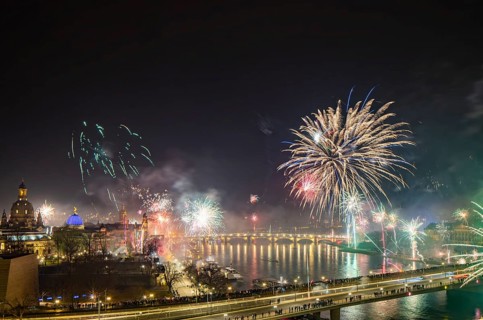 New Year's Eve fireworks over Dresden's Old Town, Dresden, Saxony, Germany, Europe