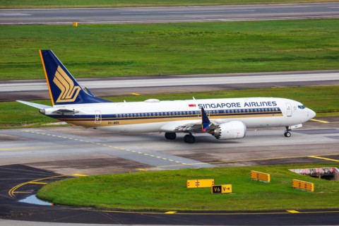 A Boeing 737 MAX 8 aircraft of Singapore Airlines with the registration 9V-MBK at Changi Airport,