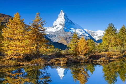 Matterhorn and Lake Grindji, Valais, Switzerland, Europe