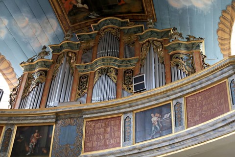 Interior, gallery, Cathedral of the Rhön, Protestant church, Helmershausen, Rhönblick parish,