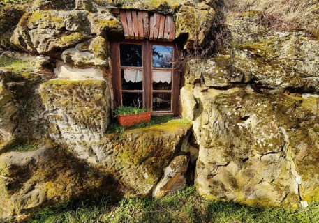 Cave flats in Langenstein, district of Halberstadt, Harz county, Saxony-Anhalt, Germany, Europe