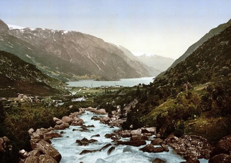 General view towards Odde, Odda, Hardangerfjord, Norway, View from 1885, Historical, digitally