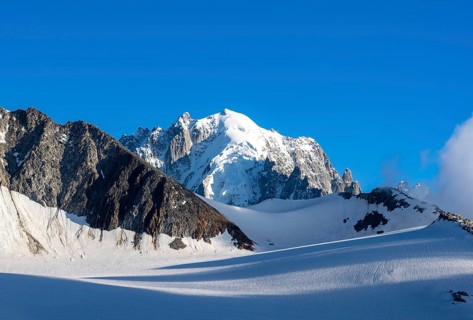 Summit of the Aiguille Verte, High alpine mountain landscape with glacier and mountain peak,