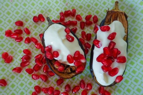 Mediterranean cuisine, roasted aubergines with pomegranate seeds and yoghurt, starter, healthy,