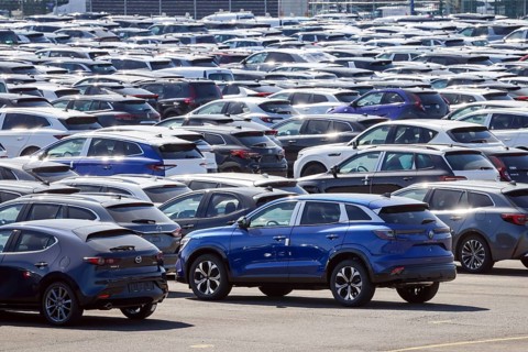 Duisburg, North Rhine-Westphalia, Germany - New cars, transhipment centre, car terminal in Duisburg