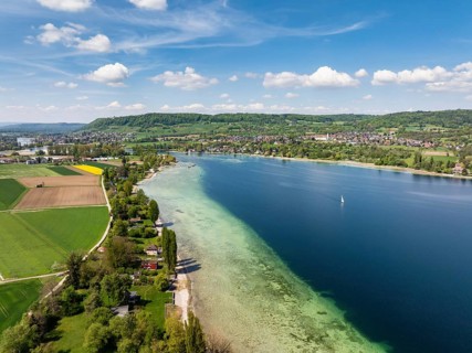 Aerial view of Lake Rhine, Untersee, Lake Constance, near Eschenz, on the right the Höri peninsula