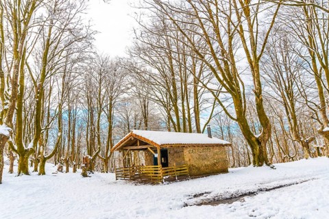 The refuge next to trees in the snow-covered Oianleku Natural Park in the town of Oiartzun, next to