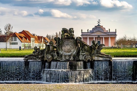 The large cascade in the palace park and the Ludwigslust town church, Mecklenburg-Vorpommern,